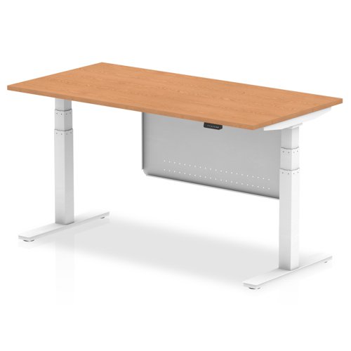 Air Modesty 1600 x 800mm Height Adjustable Office Desk Oak Top White Leg With White Steel Modesty Panel
