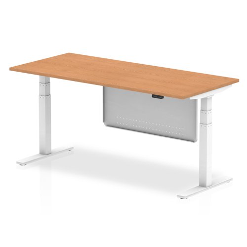Air Modesty 1800 x 800mm Height Adjustable Office Desk Oak Top White Leg With White Steel Modesty Panel