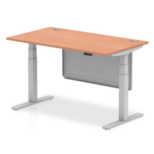 Air Modesty 1400 x 800mm Height Adjustable Office Desk Beech Top Cable Ports Silver Leg With Silver Steel Modesty Panel