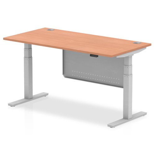 Air Modesty 1600 x 800mm Height Adjustable Office Desk Beech Top Cable Ports Silver Leg With Silver Steel Modesty Panel