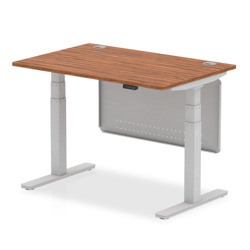 Air 1200 x 800mm Height Adjustable Desk Walnut Top Cable Ports Silver Leg With Silver Steel Modesty Panel
