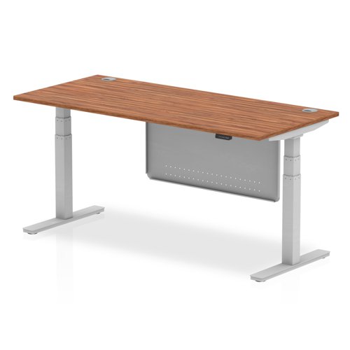 Air Modesty 1800 x 800mm Height Adjustable Office Desk Walnut Top Cable Ports Silver Leg With Silver Steel Modesty Panel