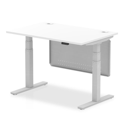 Air 1200 x 800mm Height Adjustable Desk White Top Cable Ports Silver Leg With Silver Steel Modesty Panel