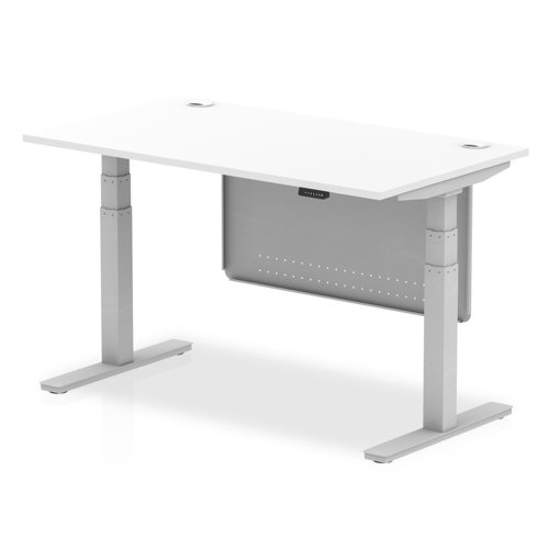 Air Modesty 1400 x 800mm Height Adjustable Office Desk White Top Cable Ports Silver Leg With Silver Steel Modesty Panel