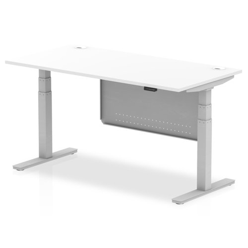 Air Modesty 1600 x 800mm Height Adjustable Office Desk White Top Cable Ports Silver Leg With Silver Steel Modesty Panel