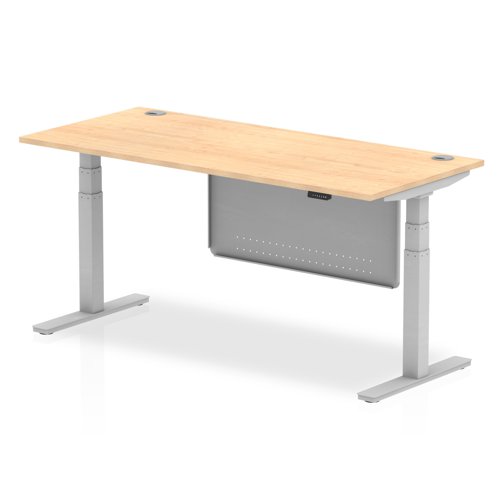 Air Modesty 1800 x 800mm Height Adjustable Office Desk Maple Top Cable Ports Silver Leg With Silver Steel Modesty Panel