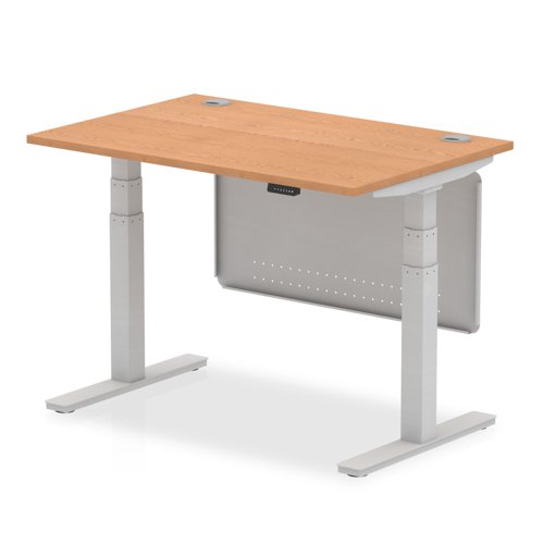 Air 1200 x 800mm Height Adjustable Desk Oak Top Cable Ports Silver Leg With Silver Steel Modesty Panel