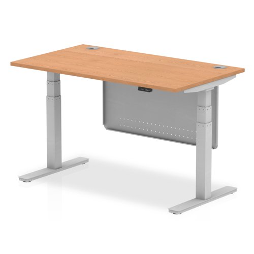 Air Modesty 1400 x 800mm Height Adjustable Office Desk Oak Top Cable Ports Silver Leg With Silver Steel Modesty Panel