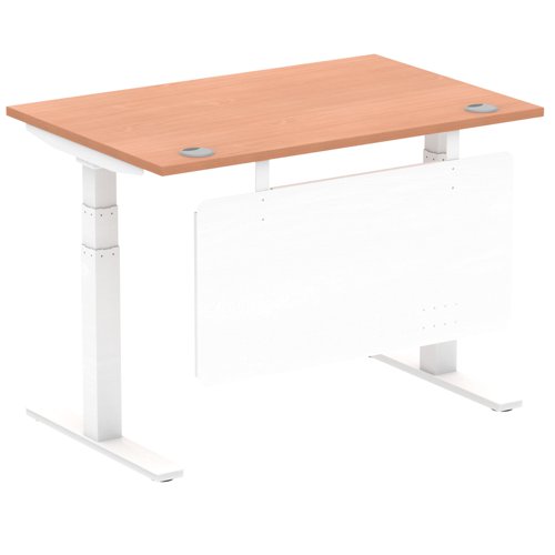 Air Modesty 1200 x 800mm Height Adjustable Office Desk Beech Top Cable Ports White Leg With White Steel Modesty Panel