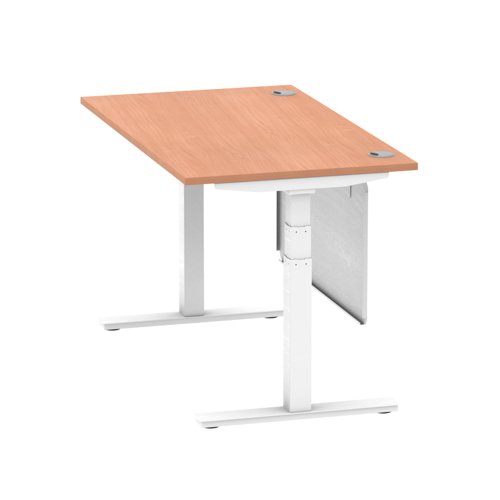 Air Modesty 1400 x 800mm Height Adjustable Office Desk Beech Top Cable Ports White Leg With White Steel Modesty Panel
