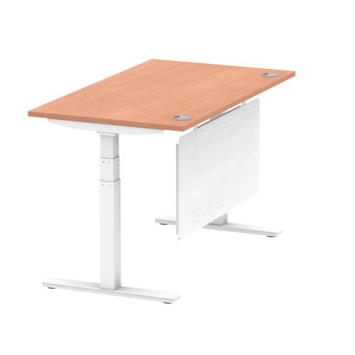 Air Modesty 1400 x 800mm Height Adjustable Office Desk Beech Top Cable Ports White Leg With White Steel Modesty Panel