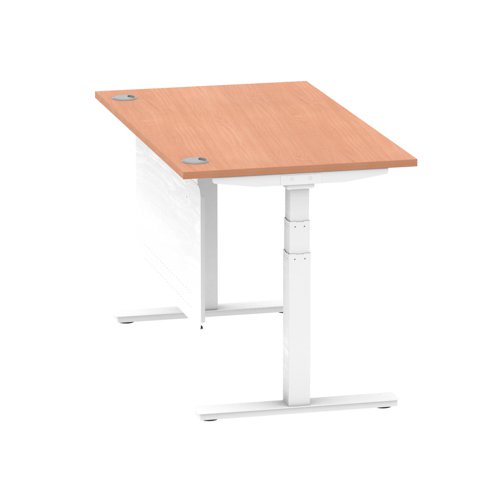 Air Modesty 1400 x 800mm Height Adjustable Office Desk Beech Top Cable Ports White Leg With White Steel Modesty Panel