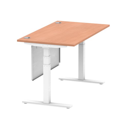 Air Modesty 1400 x 800mm Height Adjustable Office Desk Beech Top Cable Ports White Leg With White Steel Modesty Panel