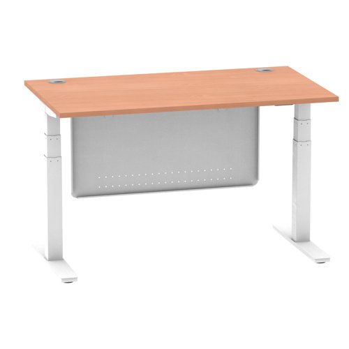 Air Modesty 1400 x 800mm Height Adjustable Office Desk Beech Top Cable Ports White Leg With White Steel Modesty Panel