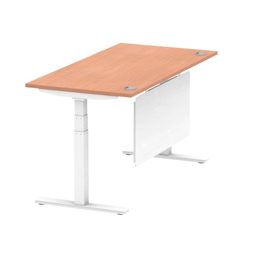 Air Modesty 1600 x 800mm Height Adjustable Office Desk Beech Top Cable Ports White Leg With White Steel Modesty Panel