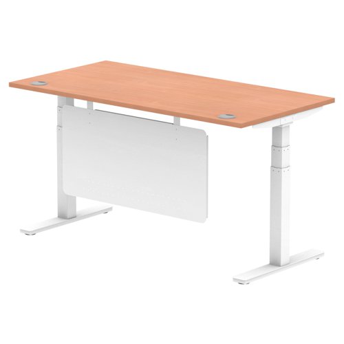 Air Modesty 1600 x 800mm Height Adjustable Office Desk Beech Top Cable Ports White Leg With White Steel Modesty Panel