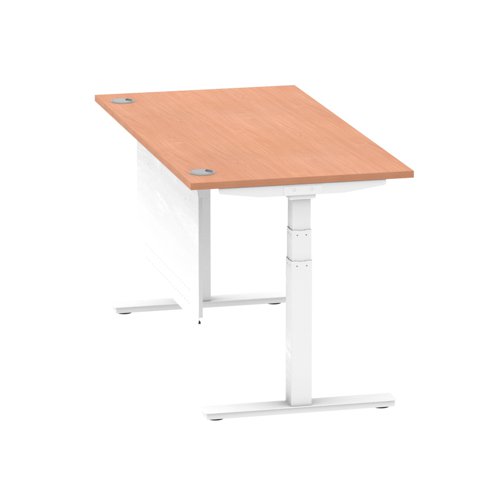 Air Modesty 1600 x 800mm Height Adjustable Office Desk Beech Top Cable Ports White Leg With White Steel Modesty Panel