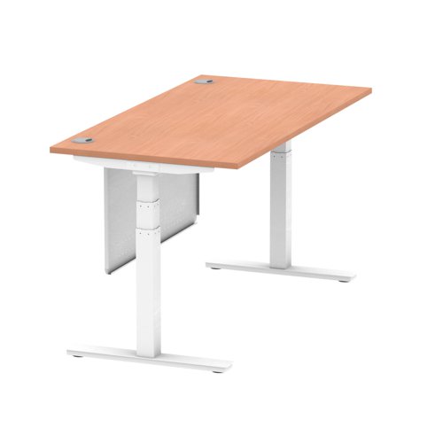 Air Modesty 1600 x 800mm Height Adjustable Office Desk Beech Top Cable Ports White Leg With White Steel Modesty Panel