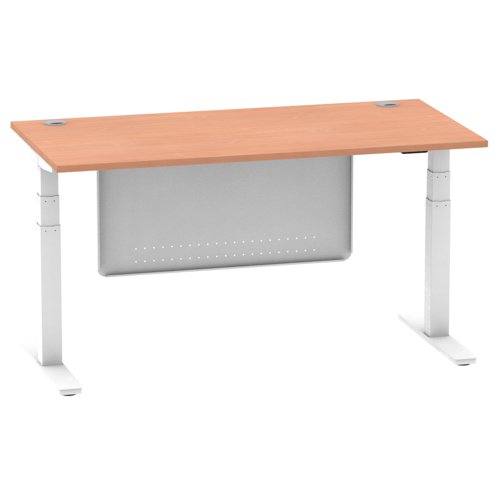 Air Modesty 1600 x 800mm Height Adjustable Office Desk Beech Top Cable Ports White Leg With White Steel Modesty Panel