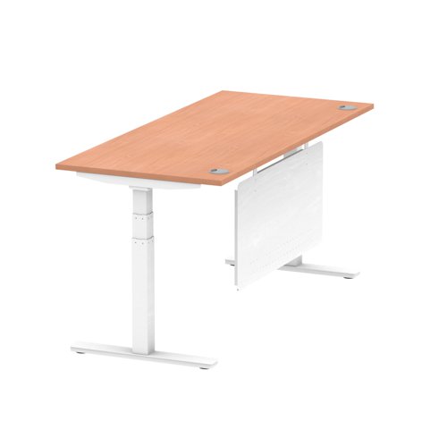 Air Modesty 1800 x 800mm Height Adjustable Office Desk Beech Top Cable Ports White Leg With White Steel Modesty Panel