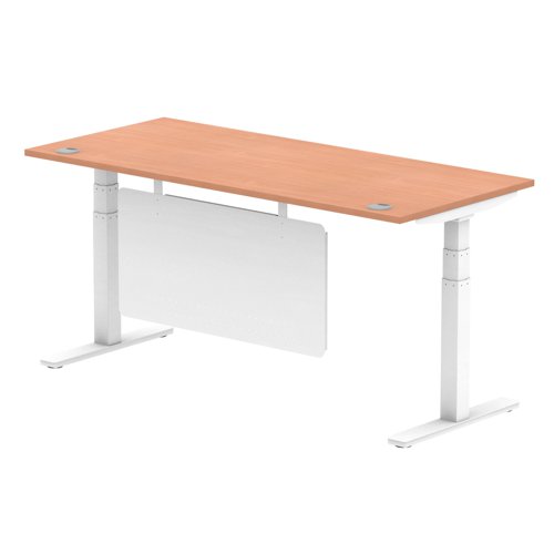 Air Modesty 1800 x 800mm Height Adjustable Office Desk Beech Top Cable Ports White Leg With White Steel Modesty Panel