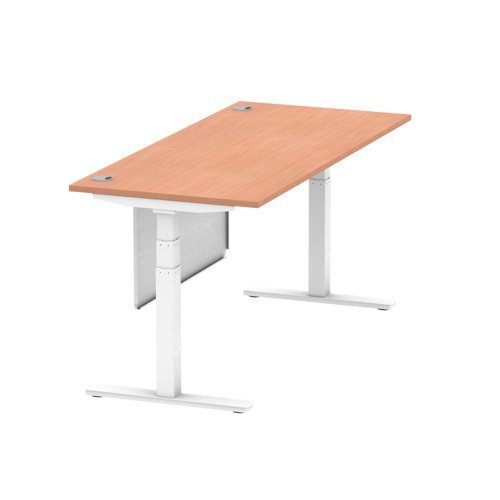 Air Modesty 1800 x 800mm Height Adjustable Office Desk Beech Top Cable Ports White Leg With White Steel Modesty Panel