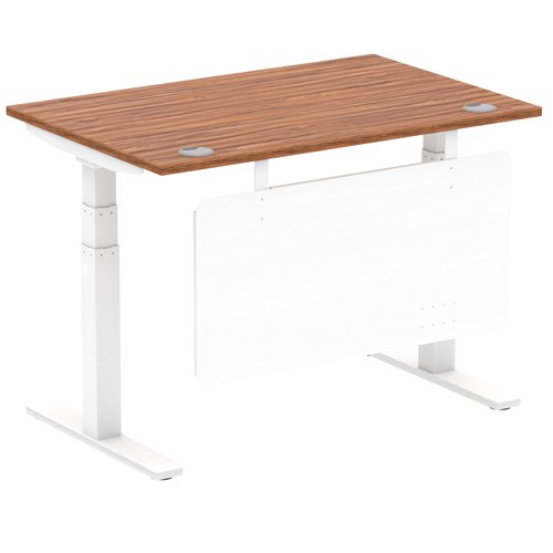 Air Modesty 1200 x 800mm Height Adjustable Office Desk Walnut Top Cable Ports White Leg With White Steel Modesty Panel
