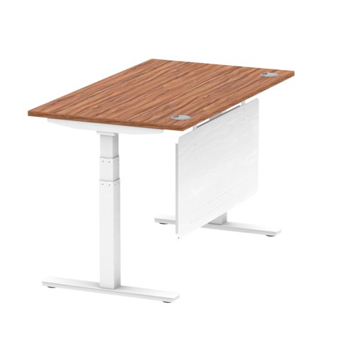 Air Modesty 1400 x 800mm Height Adjustable Office Desk Walnut Top Cable Ports White Leg With White Steel Modesty Panel