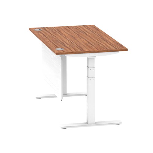 Air Modesty 1400 x 800mm Height Adjustable Office Desk Walnut Top Cable Ports White Leg With White Steel Modesty Panel
