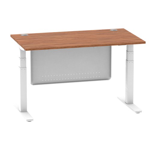 Air Modesty 1400 x 800mm Height Adjustable Office Desk Walnut Top Cable Ports White Leg With White Steel Modesty Panel