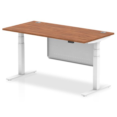 Air Modesty 1600 x 800mm Height Adjustable Office Desk Walnut Top Cable Ports White Leg With White Steel Modesty Panel