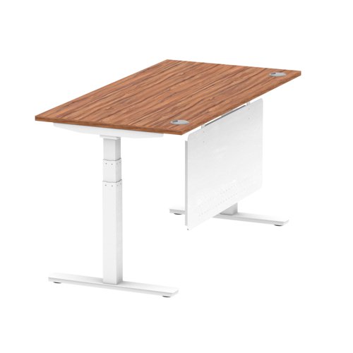 Air Modesty 1600 x 800mm Height Adjustable Office Desk Walnut Top Cable Ports White Leg With White Steel Modesty Panel