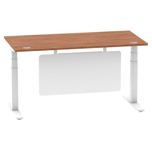 Air Modesty 1600 x 800mm Height Adjustable Office Desk Walnut Top Cable Ports White Leg With White Steel Modesty Panel