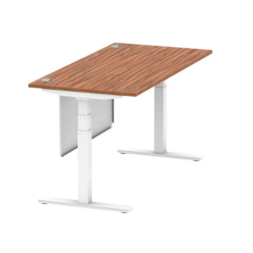 Air Modesty 1600 x 800mm Height Adjustable Office Desk Walnut Top Cable Ports White Leg With White Steel Modesty Panel