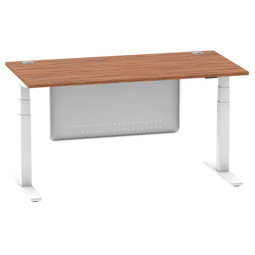 Air Modesty 1600 x 800mm Height Adjustable Office Desk Walnut Top Cable Ports White Leg With White Steel Modesty Panel