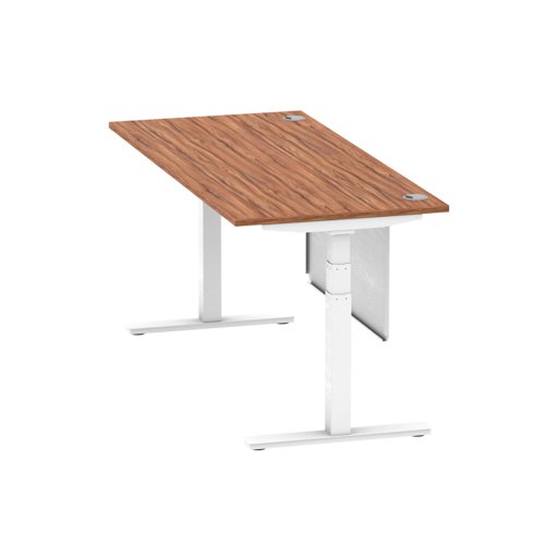 Air Modesty 1800 x 800mm Height Adjustable Office Desk Walnut Top Cable Ports White Leg With White Steel Modesty Panel