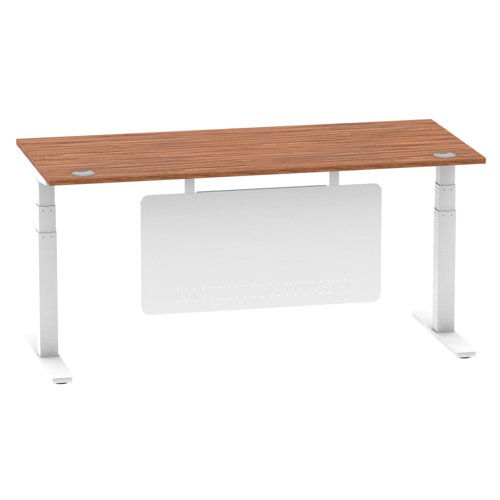 Air Modesty 1800 x 800mm Height Adjustable Office Desk Walnut Top Cable Ports White Leg With White Steel Modesty Panel
