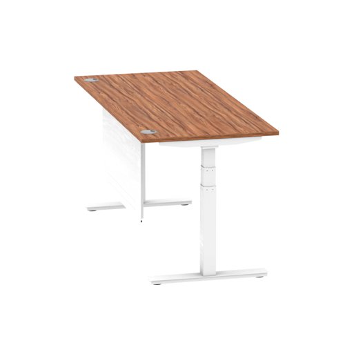 Air Modesty 1800 x 800mm Height Adjustable Office Desk Walnut Top Cable Ports White Leg With White Steel Modesty Panel