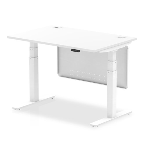 Air 1200 x 800mm Height Adjustable Desk White Top Cable Ports White Leg With White Steel Modesty Panel