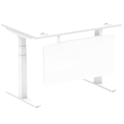 Air Modesty 1200 x 800mm Height Adjustable Office Desk White Top Cable Ports White Leg With White Steel Modesty Panel