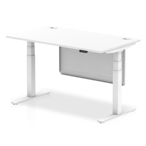 Air Modesty 1400 x 800mm Height Adjustable Office Desk White Top Cable Ports White Leg With White Steel Modesty Panel