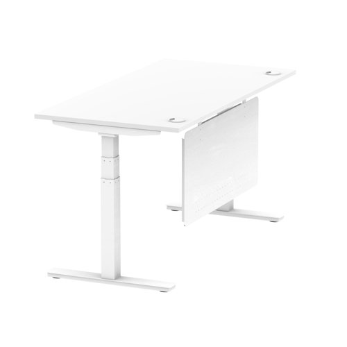 Air Modesty 1600 x 800mm Height Adjustable Office Desk White Top Cable Ports White Leg With White Steel Modesty Panel