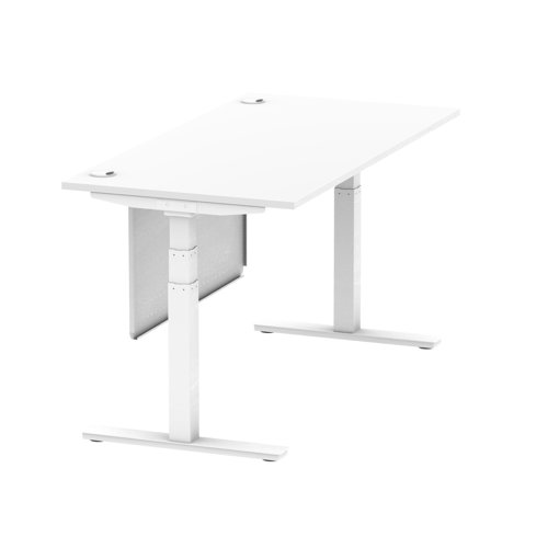 Air Modesty 1600 x 800mm Height Adjustable Office Desk White Top Cable Ports White Leg With White Steel Modesty Panel