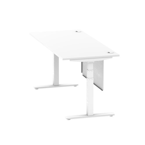 Air Modesty 1800 x 800mm Height Adjustable Office Desk White Top Cable Ports White Leg With White Steel Modesty Panel