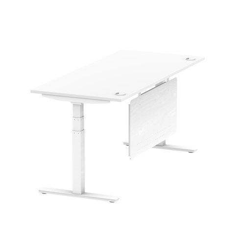 Air Modesty 1800 x 800mm Height Adjustable Office Desk White Top Cable Ports White Leg With White Steel Modesty Panel