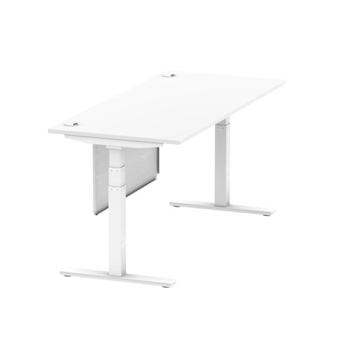 Air Modesty 1800 x 800mm Height Adjustable Office Desk White Top Cable Ports White Leg With White Steel Modesty Panel