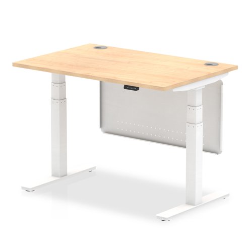 Air 1200 x 800mm Height Adjustable Desk Maple Top Cable Ports White Leg With White Steel Modesty Panel
