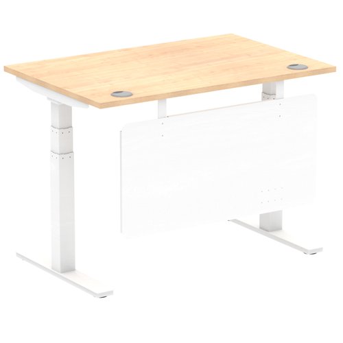 Air Modesty 1200 x 800mm Height Adjustable Office Desk Maple Top Cable Ports White Leg With White Steel Modesty Panel