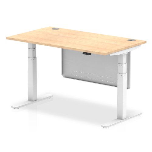 Air Modesty 1400 x 800mm Height Adjustable Office Desk Maple Top Cable Ports White Leg With White Steel Modesty Panel