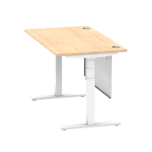 Air Modesty 1400 x 800mm Height Adjustable Office Desk Maple Top Cable Ports White Leg With White Steel Modesty Panel